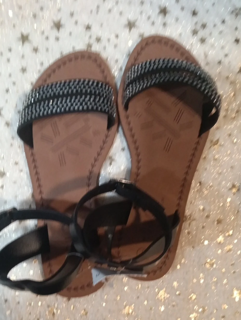 Rouge Helium Black and Brown Beaded Ankle-Strap Sandals